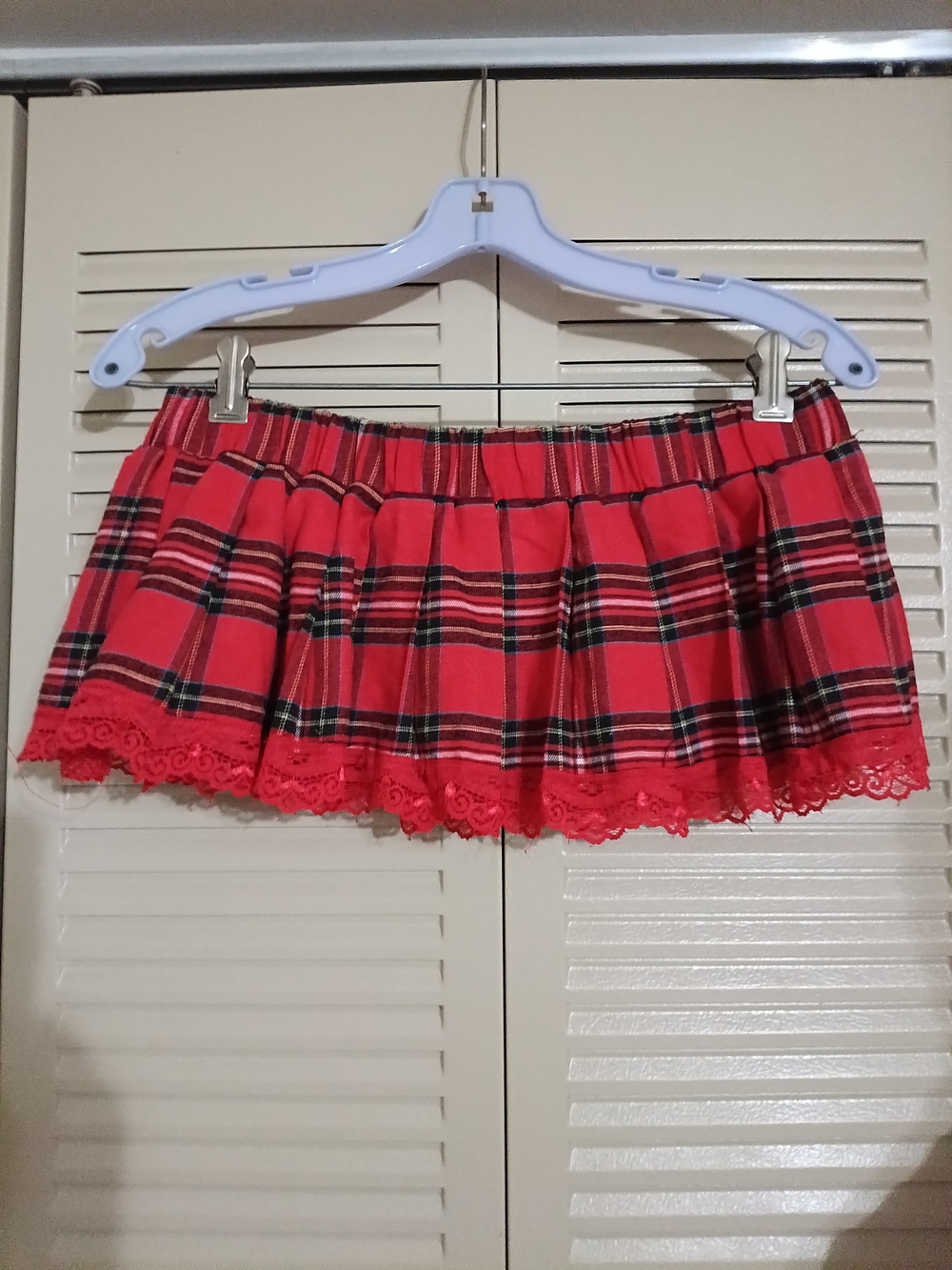 Red Plaid Mini Skirt with Lace Hem